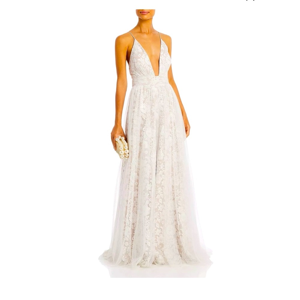 Aidan by Aidan Mattox Embroidered Mesh Gown ivory/nude sz 16